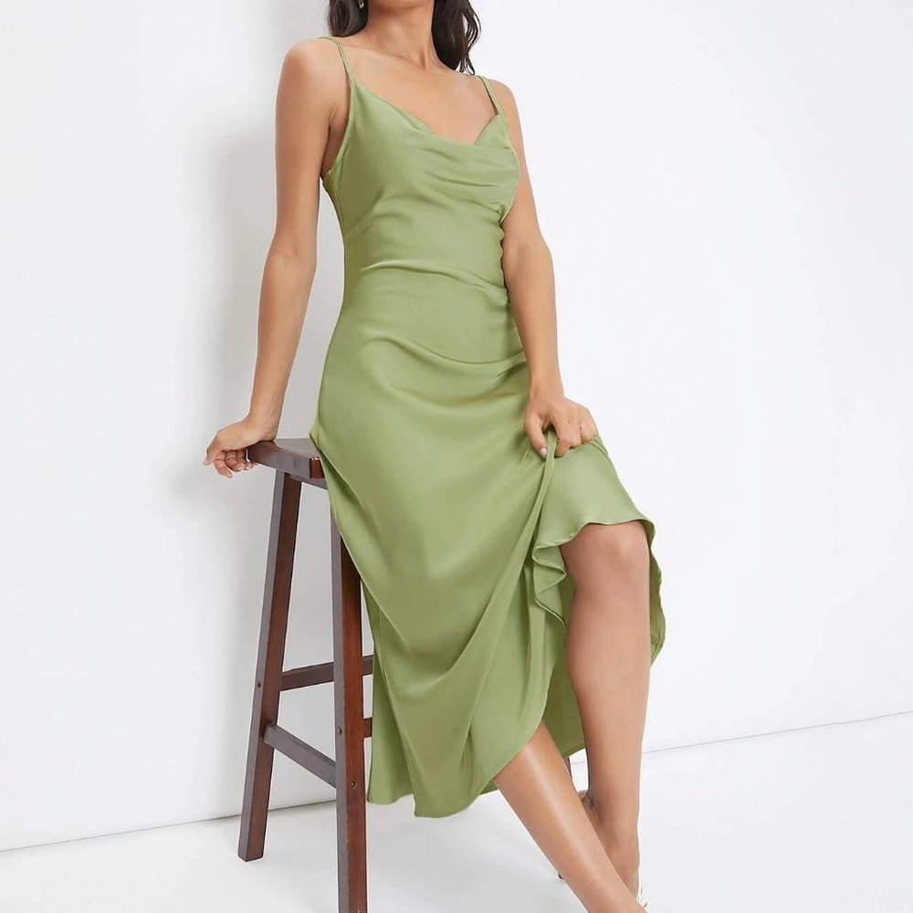 SHEIN BIZwear Cowl Neck Solid Slip Dress Workwear - Picture 3 of 13